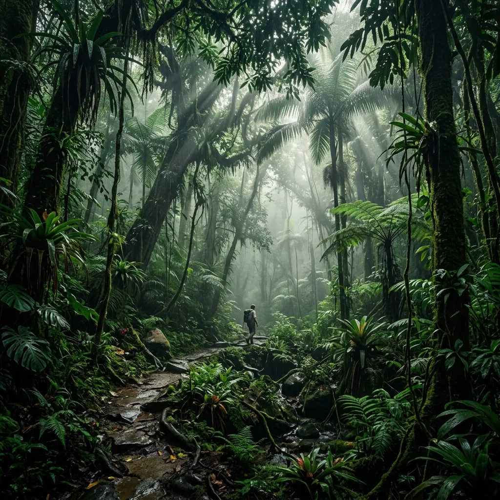 Behind the scenes photo of director talking to actor in the jungle